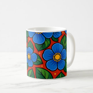 Blue Flowers and Green Leaves on a Red Background Kaffeetasse