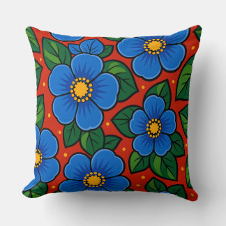 Blue Flowers and Green Leaves on a Red Background Kissen