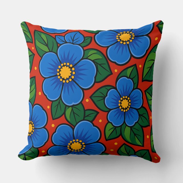 Blue Flowers and Green Leaves on a Red Background Kissen (Vorderseite)