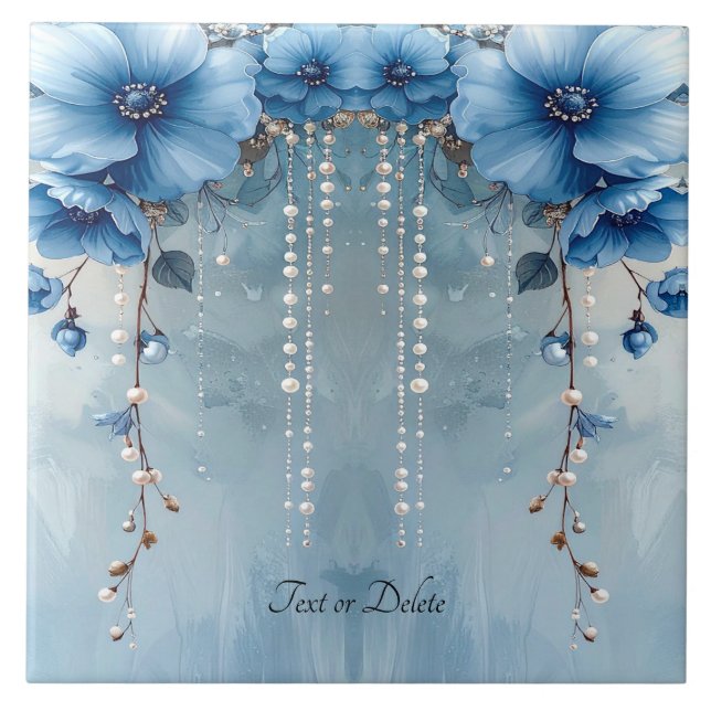 Blue Flowers and Pearls Ceramic Tile Fliese (Vorderseite)