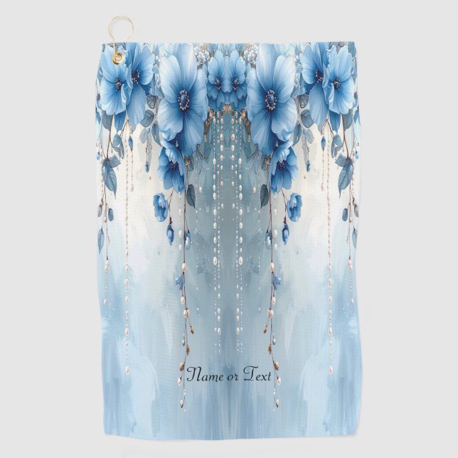 Blue Flowers and Pearls Golf Towel Golfhandtuch (Vorderseite)
