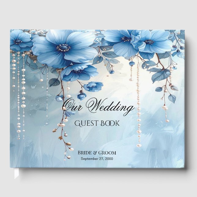 Blue Flowers and Pearls Guest Book Gästebuch (Vorderseite)