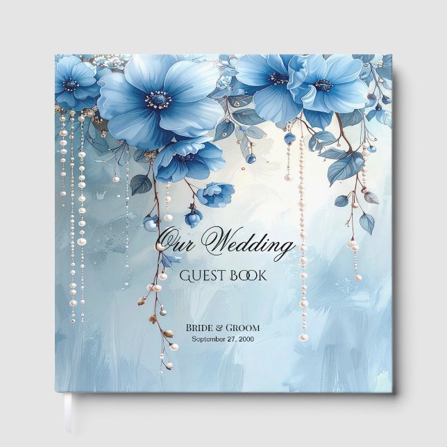 Blue Flowers and Pearls Guest Book Gästebuch (Vorderseite)