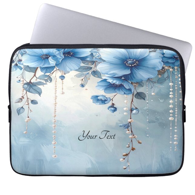 Blue Flowers and Pearls Laptop Sleeve (Vorderseite)