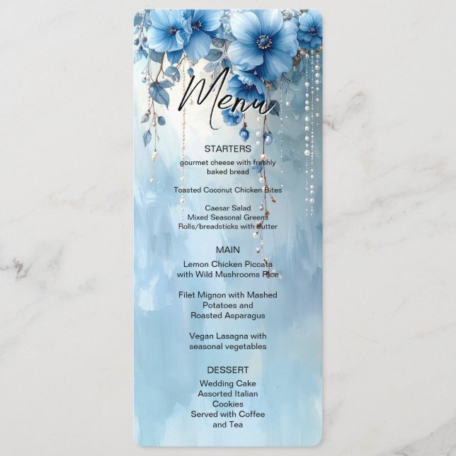 Blue Flowers and Pearls Menu Menükarte (Vorderseite)