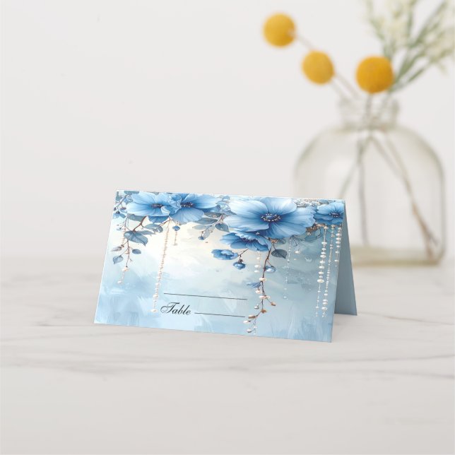 Blue Flowers and Pearls Place Card Platzkarte (Vorderseite)