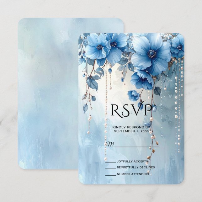Blue Flowers and Pearls RSVP Card Karte (Vorne/Hinten)