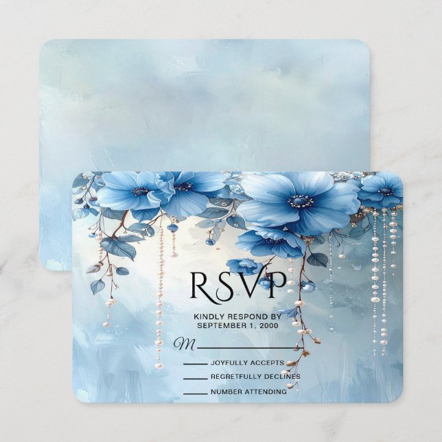 Blue Flowers and Pearls RSVP Card Karte (Vorne/Hinten)
