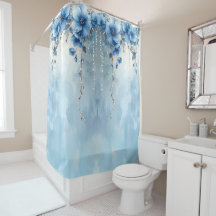 Blue Flowers and Pearls Shower Curtain