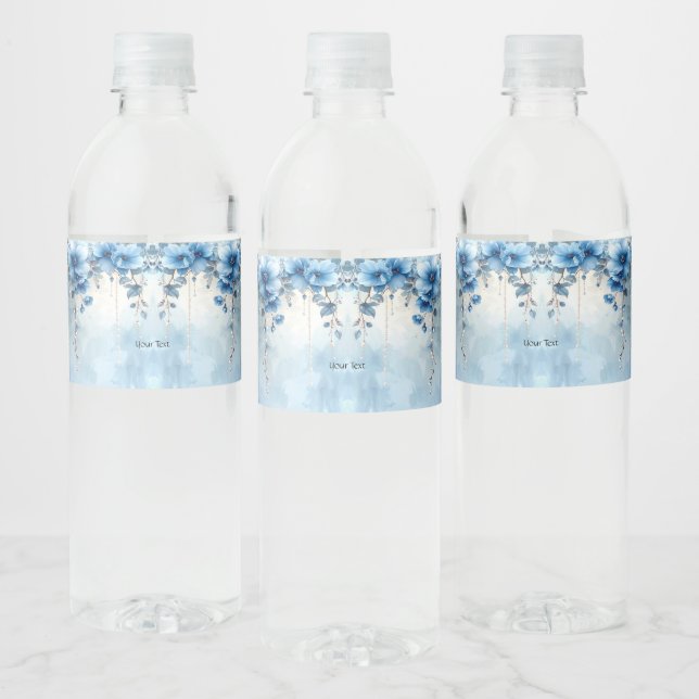 Blue Flowers and Pearls Water Bottle Label (Flaschen)