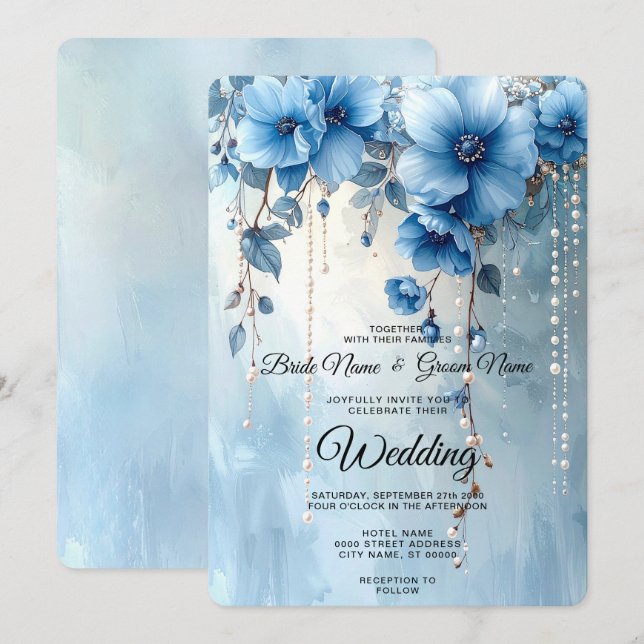 Blue Flowers and Pearls Wedding Invitation Einladung (Vorne/Hinten)