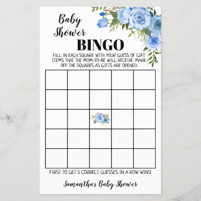 Blue Flowers Baby Shower Bingo Spielkarte Flyer (Vorne)
