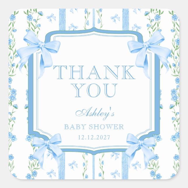 Blue Flowers & Bow Boy Baby Dusche Vielen Dank Quadratischer Aufkleber (Vorderseite)