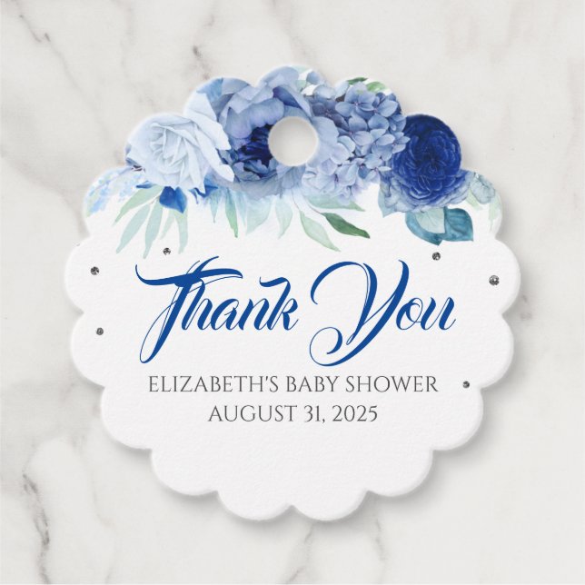 Blue Flowers Elegante Baby Shower Vielen Dank Geschenkanhänger (Vorderseite)