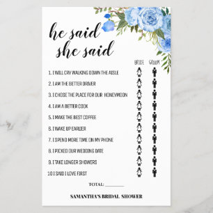 Blue Flowers Er sagte, sie sagte Dusche Spielkarte Flyer