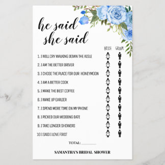 Blue Flowers Er sagte, sie sagte Dusche Spielkarte Flyer