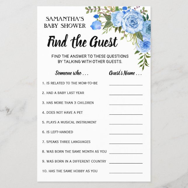 Blue Flowers Finden Sie die Guest Baby Shower Game Flyer (Vorne)