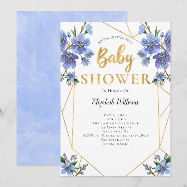 Blue Flowers Geometric Frame Baby Dusche Einladung (Vorne/Hinten)