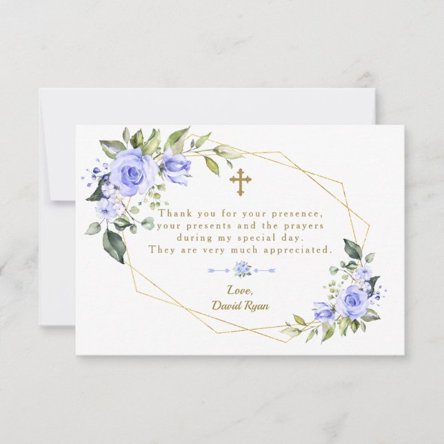 Blue Flowers Gold Frame Cross Boy Taufe Dankeskarte (Vorderseite)