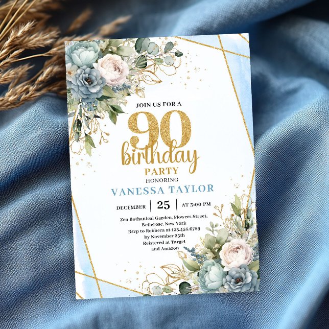 Blue Flowers Gold Glitter 90th Birthday Invitation Einladung (Blue Flowers Gold Glitter 90th Birthday Invitation)