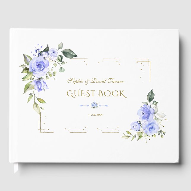 Blue Flowers Gold Glitzer Frame Wedding Gästebuch (Vorderseite)