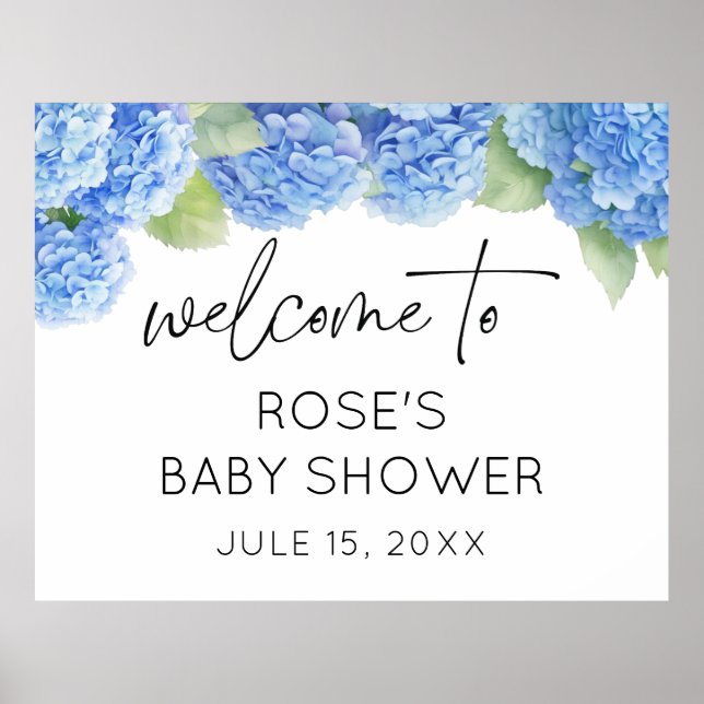 Blue Flowers Hydrangea Baby Dusche Empfang Poster (Vorne)