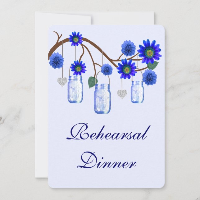 Blue Flowers Mason Jar Probe Abendessen Einladung (Vorderseite)