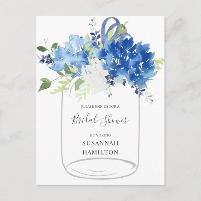 Blue Flowers Ribbon Mason Jar Bridal Postcard Postkarte (Vorderseite)