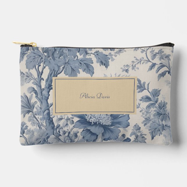 Blue Flowers Toile de Jouy Ihr Name Zubehörtasche (Vorderseite)
