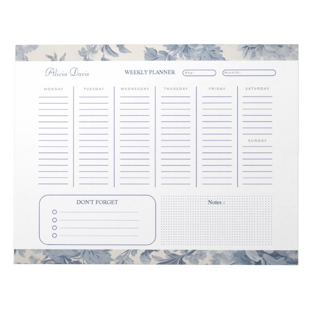 Blue Flowers Toile de Jouy Weekly Planner Notizblock (Vorderseite)