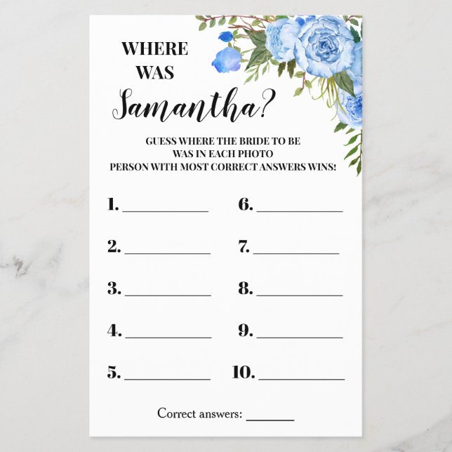 Blue Flowers Wo war She Brautparty Game Card Flyer (Vorne)