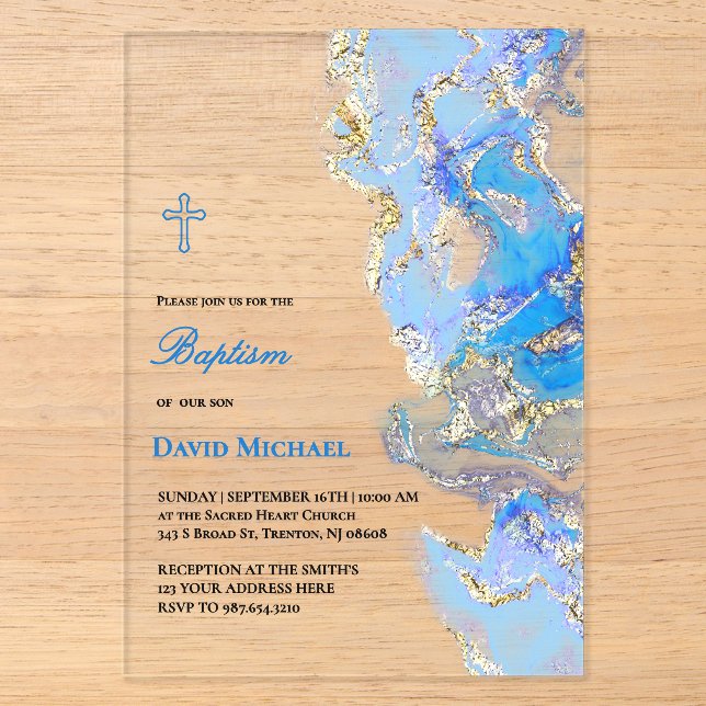 blue fluid marble Baptism acrylic invitation Acryleinladungen (Vorderseite)