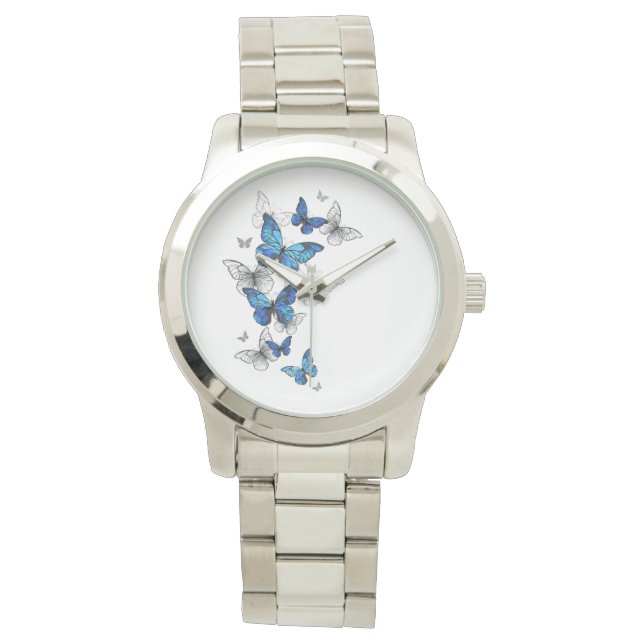 Blue Flying Butterflies Morpho Armbanduhr (Vorderseite)