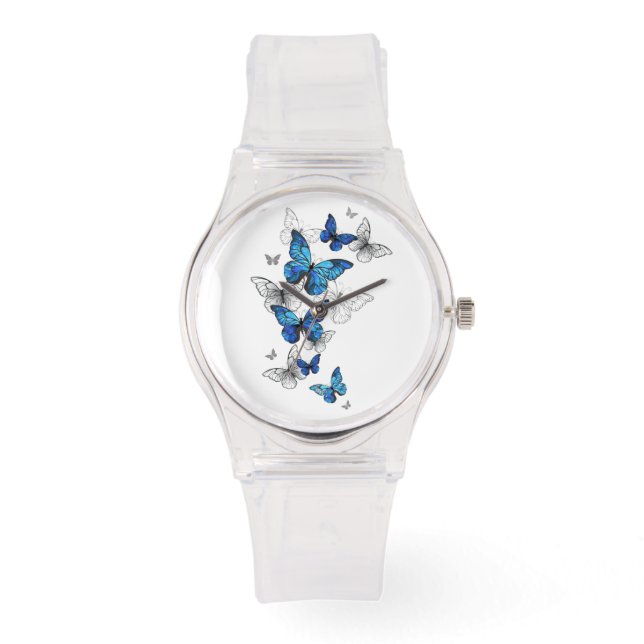 Blue Flying Butterflies Morpho Armbanduhr (Vorderseite)