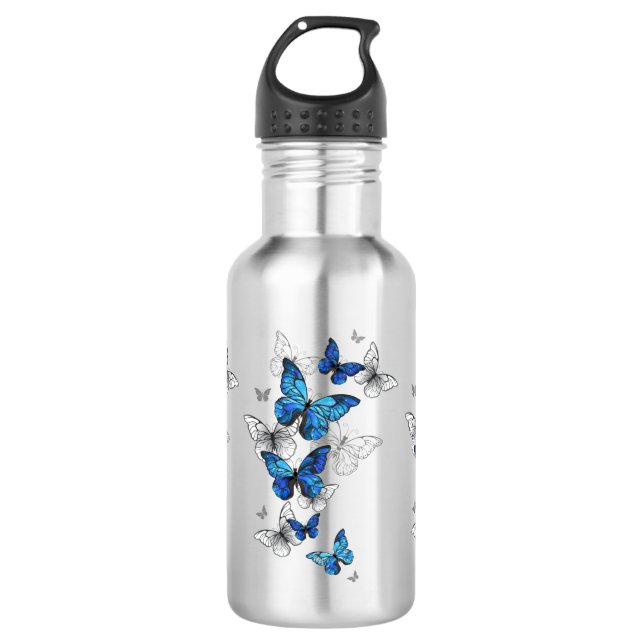 Blue Flying Butterflies Morpho Edelstahlflasche (Vorderseite)