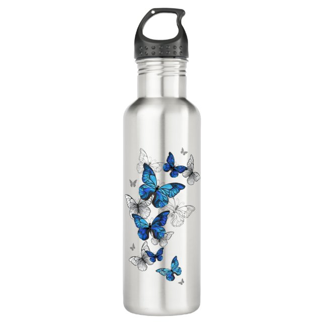 Blue Flying Butterflies Morpho Edelstahlflasche (Vorderseite)