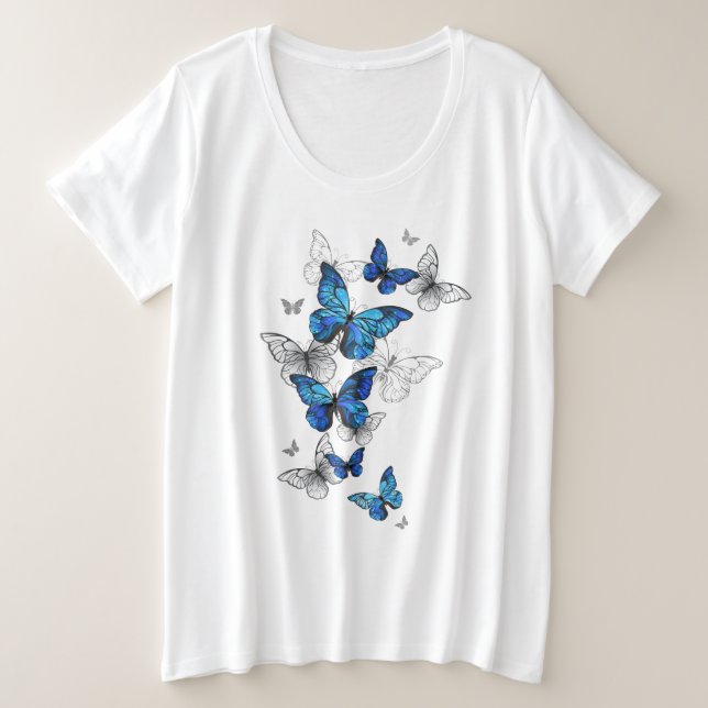 Blue Flying Butterflies Morpho Große Größe T-Shirt (Design vorne)