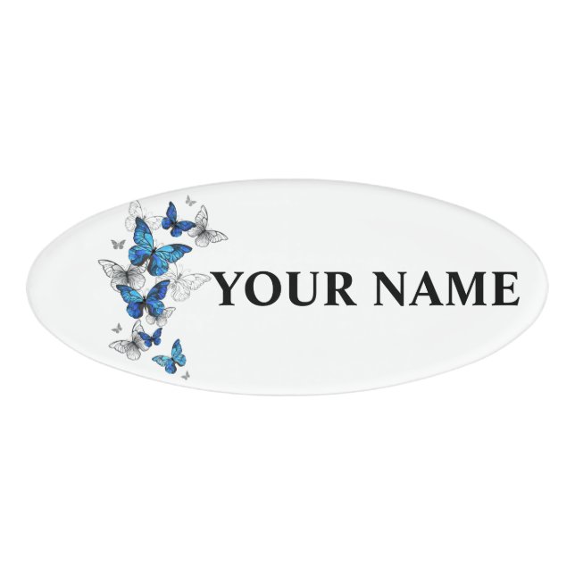 Blue Flying Butterflies Morpho Namenschild (Vorderseite)
