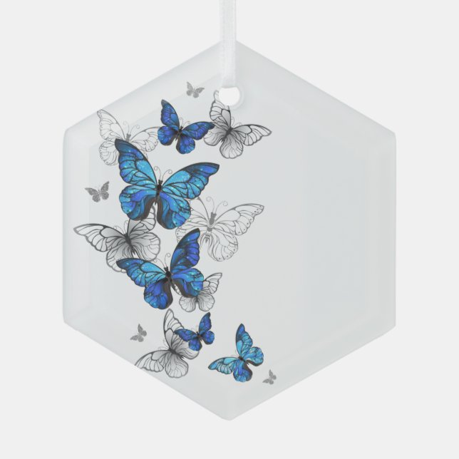 Blue Flying Butterflies Morpho Ornament Aus Glas (Vorderseite)