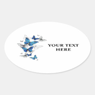 Blue Flying Butterflies Morpho Ovaler Aufkleber