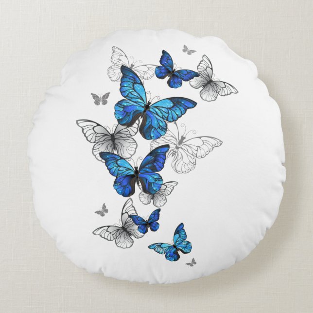 Blue Flying Butterflies Morpho Rundes Kissen (Vorderseite)