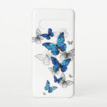 Blue Flying Butterflies Morpho Samsung Galaxy S10 Hülle<br><div class="desc">Flying Blue Butterflies Morpho und weiße Schmetterlinge auf einem hellen abstrakten Hintergrund. Morpho. Design mit blauen Schmetterlingen Morpho.</div>