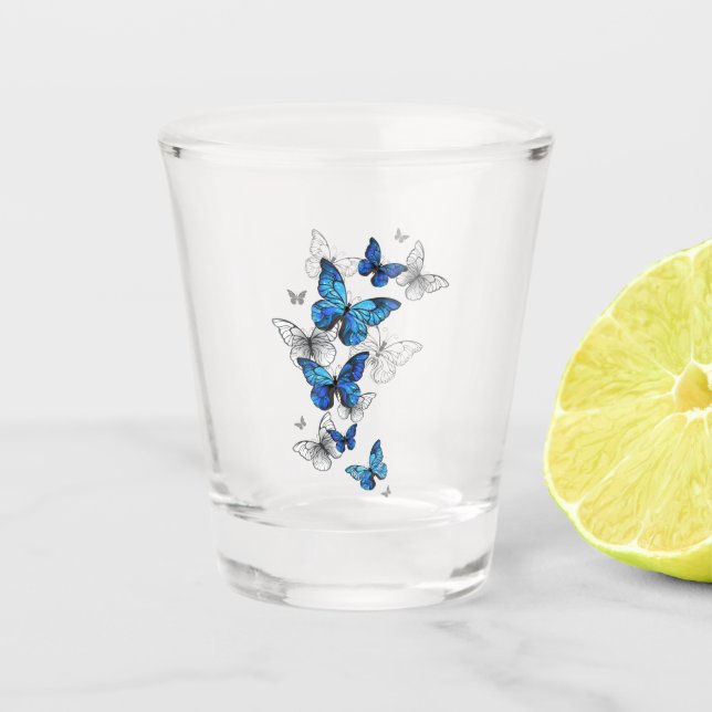Blue Flying Butterflies Morpho Schnapsglas (Vorderseite)