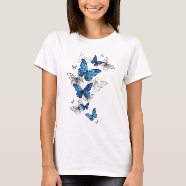 Blue Flying Butterflies Morpho T-Shirt (Vorderseite)