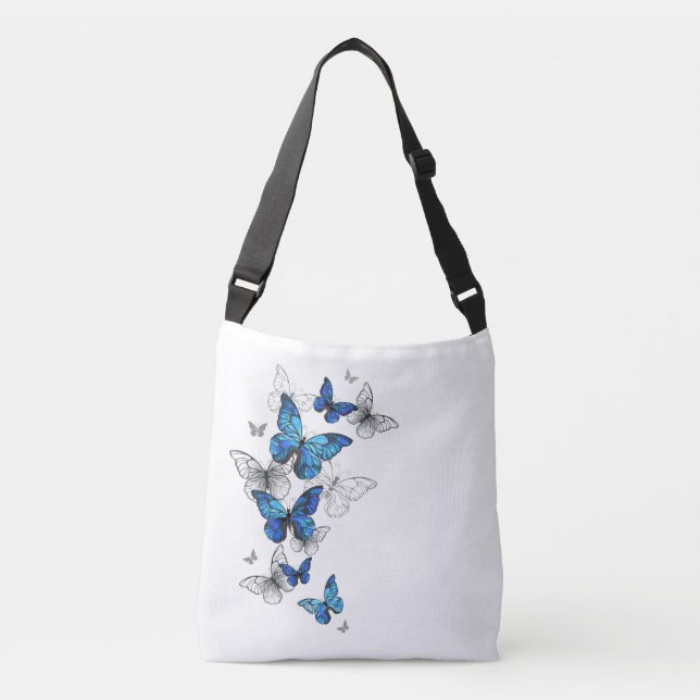 Blue Flying Butterflies Morpho Tragetaschen Mit Langen Trägern (Vorderseite)