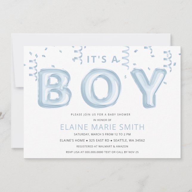 Blue Foil Balloons Confetti Boy Baby Dusche Einladung (Vorderseite)