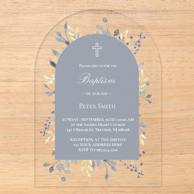 blue foliage Baptism Acrylic Invitation Acryleinladungen (Vorderseite)