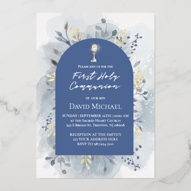 Blue foliage First Holy Communion Folieneinladung (Vorderseite)
