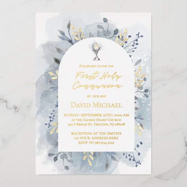 Blue foliage First Holy Communion Folieneinladung (Vorderseite)