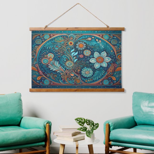 Blue Folk Art und Boho Wall Hanging Wandteppich Mit Holzrahmen (Wohnzimmer)